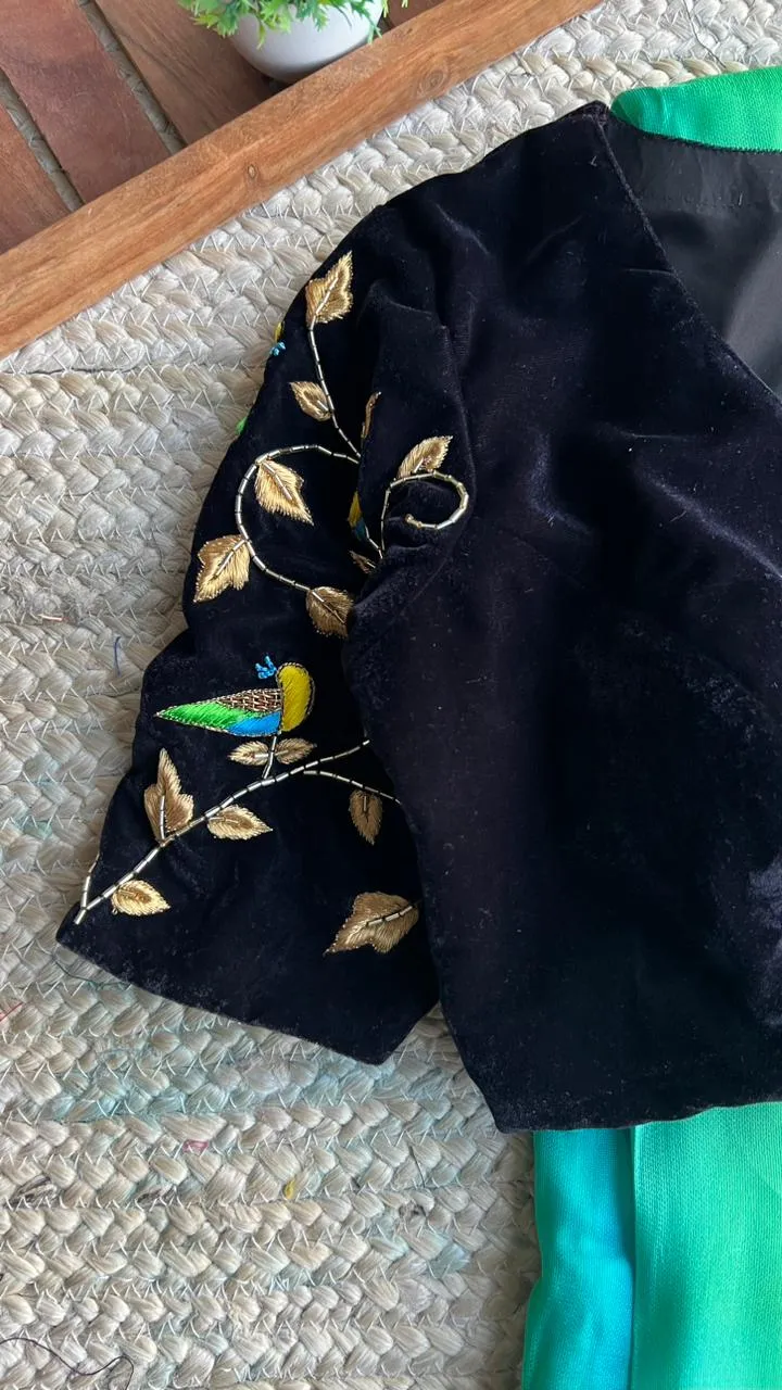 Black Velvet V-Neck Saree Blouse with Maggam Work | Colorful Bird & Golden Leaf Embroidered Sleeves