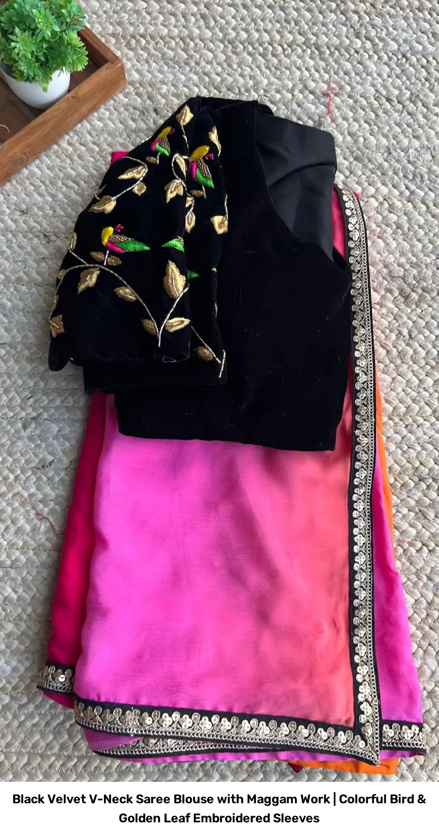 Black Velvet V-Neck Saree Blouse with Maggam Work | Colorful Bird & Golden Leaf Embroidered Sleeves 2
