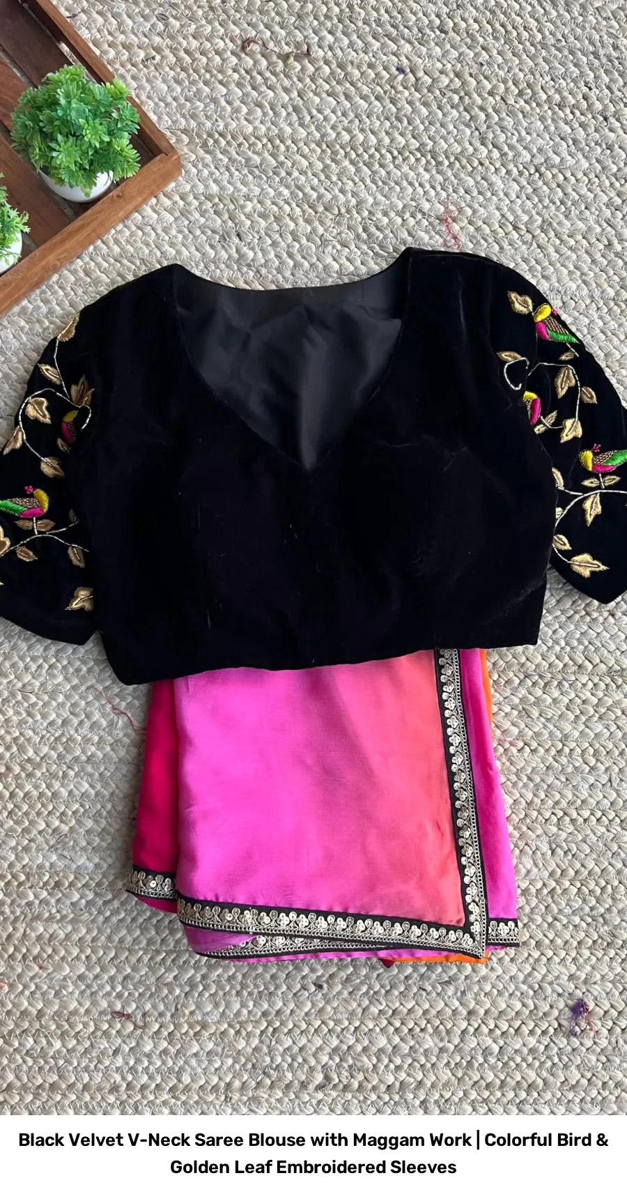 Black Velvet V-Neck Saree Blouse with Maggam Work | Colorful Bird & Golden Leaf Embroidered Sleeves 3