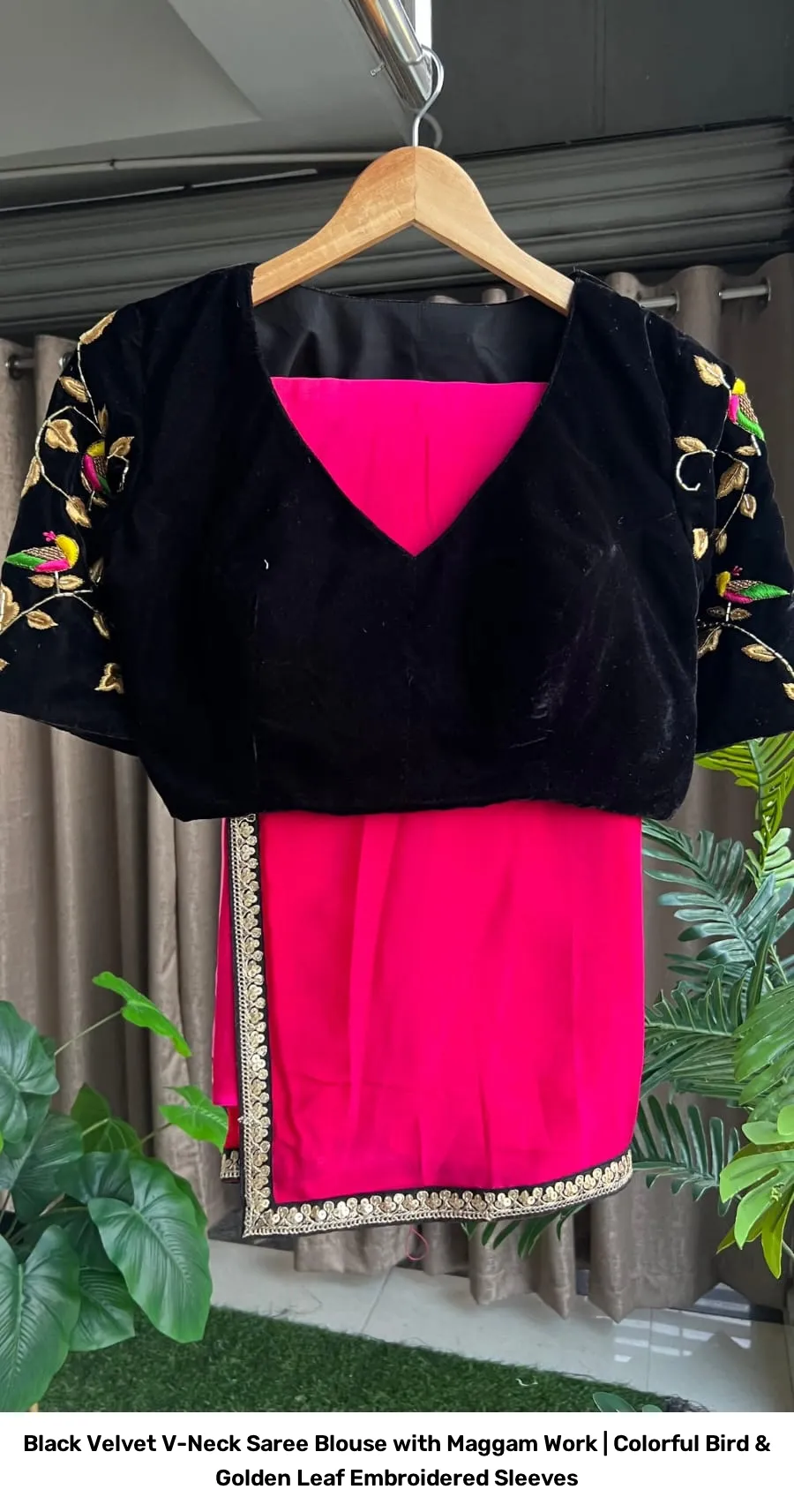 Black Velvet V-Neck Saree Blouse with Maggam Work | Colorful Bird & Golden Leaf Embroidered Sleeves 4