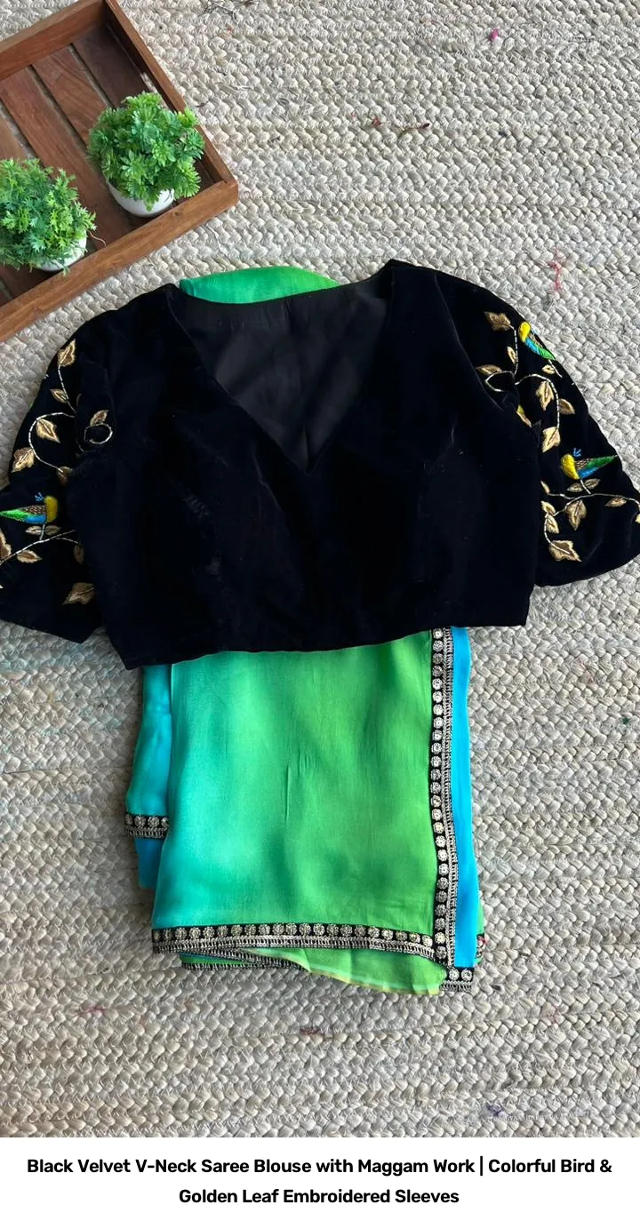 Black Velvet V-Neck Saree Blouse with Maggam Work | Colorful Bird & Golden Leaf Embroidered Sleeves 5