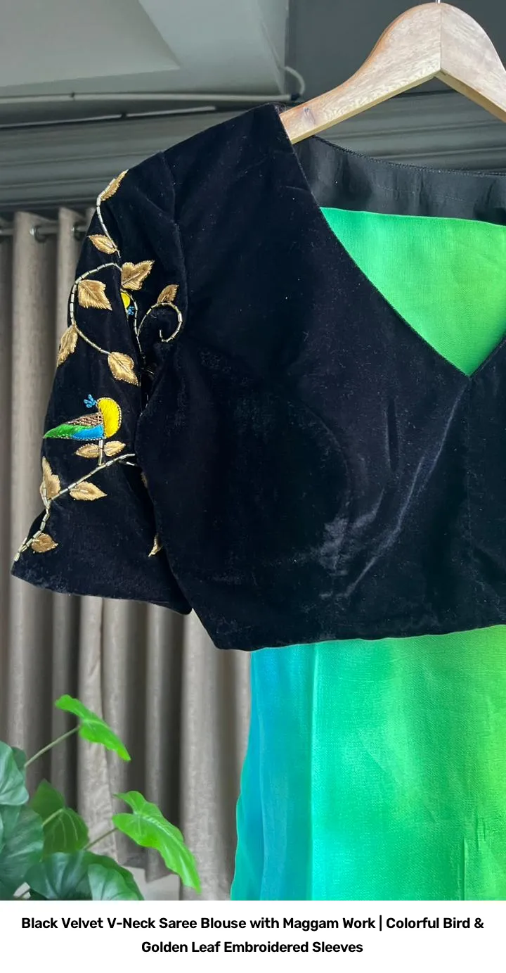 Black Velvet V-Neck Saree Blouse with Maggam Work | Colorful Bird & Golden Leaf Embroidered Sleeves 6
