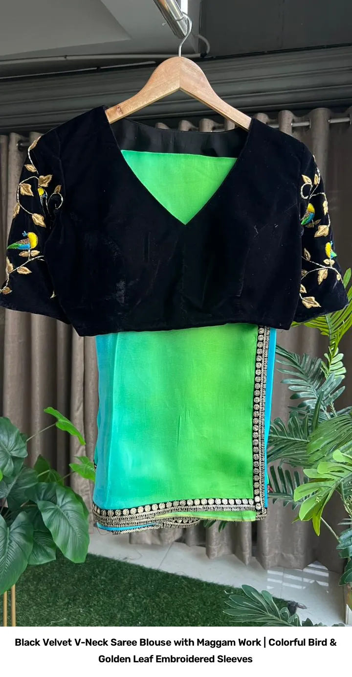 Black Velvet V-Neck Saree Blouse with Maggam Work | Colorful Bird & Golden Leaf Embroidered Sleeves 7