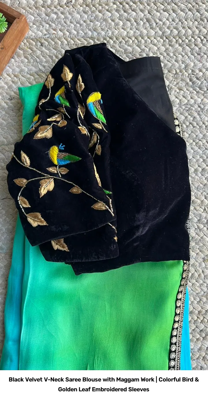Black Velvet V-Neck Saree Blouse with Maggam Work | Colorful Bird & Golden Leaf Embroidered Sleeves 8