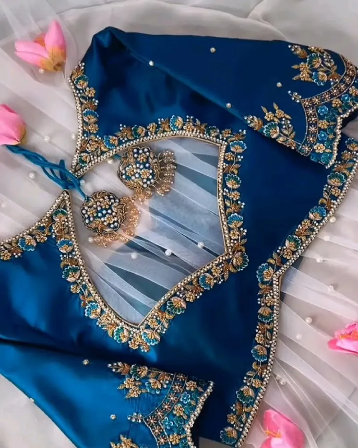 Blue Designer Saree Blouse | Maggam Work Bridal Blouse with Net Back Online