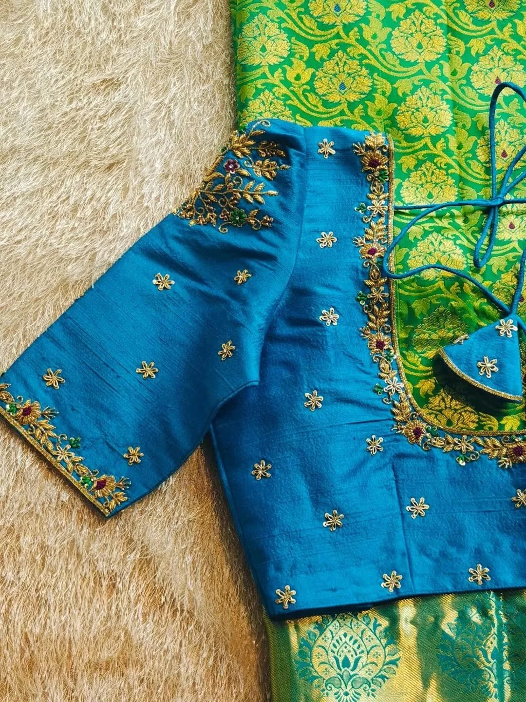 Blue & Green Contrast Designer Maggam Work Blouse | Silk Blouse Online