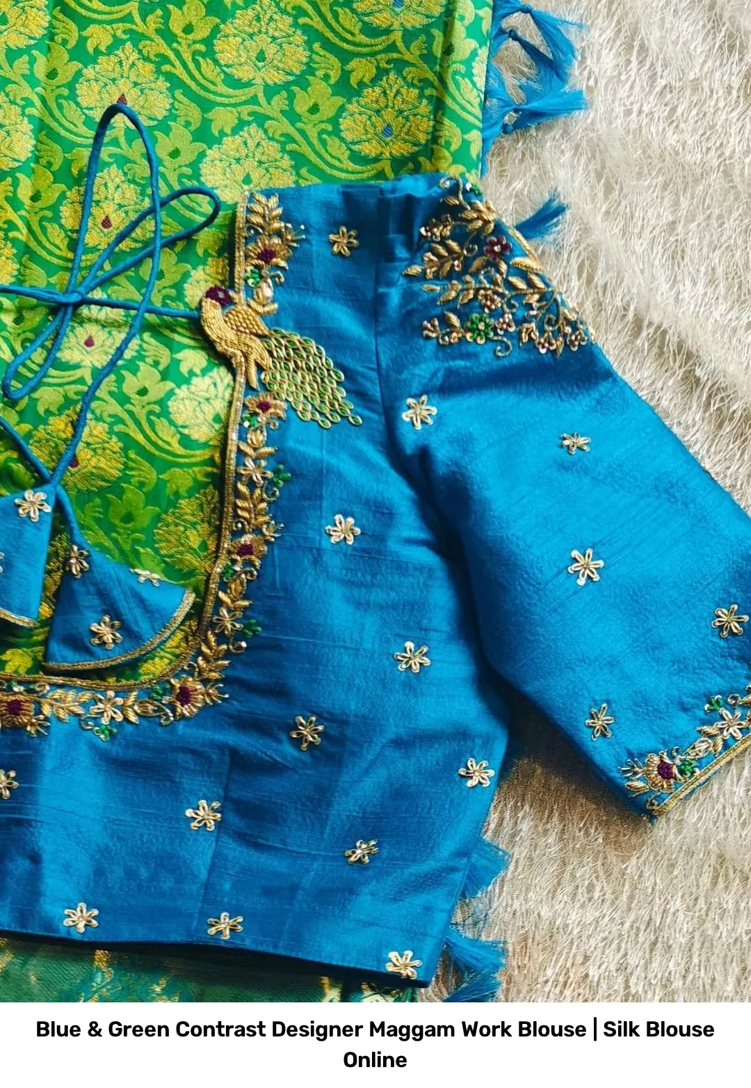 Blue & Green Contrast Designer Maggam Work Blouse | Silk Blouse Online 2