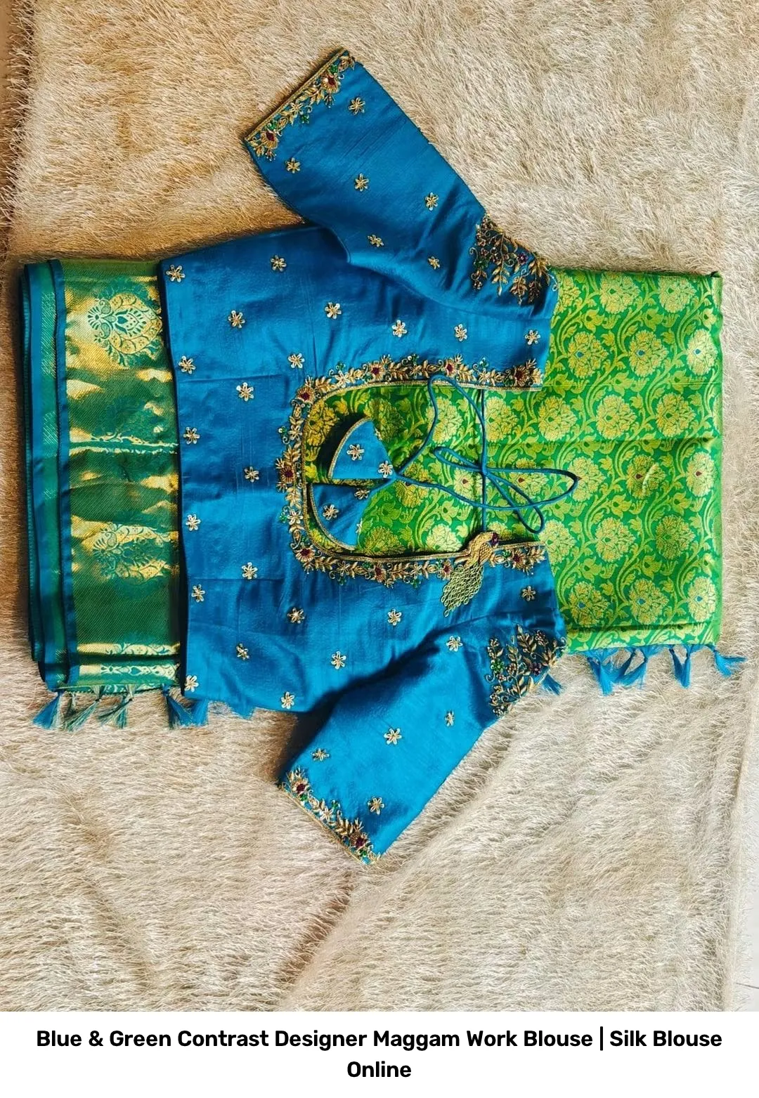 Blue & Green Contrast Designer Maggam Work Blouse | Silk Blouse Online 3