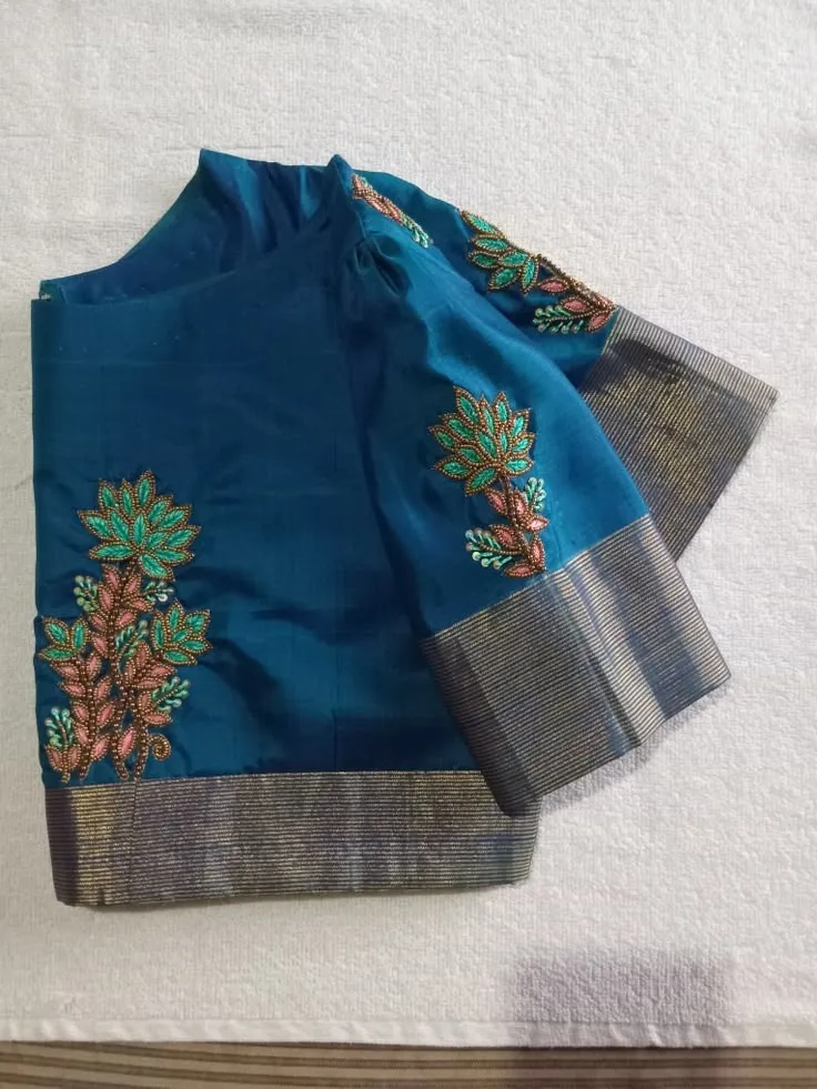 Blue Raw Silk Blouse | Handcrafted Beadwork Floral Motif Boat Neck Blouse with Puff Sleeves