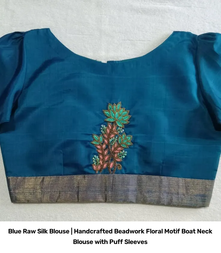 Blue Raw Silk Blouse | Handcrafted Beadwork Floral Motif Boat Neck Blouse with Puff Sleeves 2