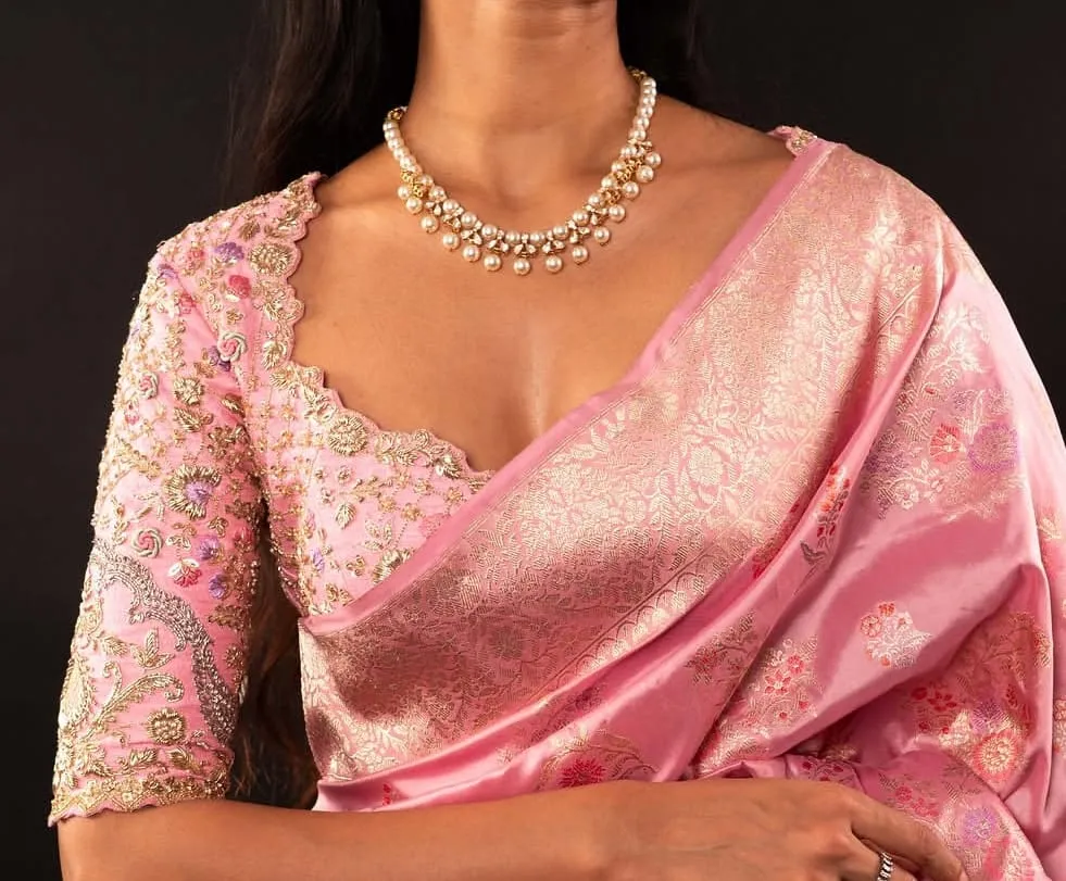 Blush Pink Hand Embroidered Silk Saree Blouse | Scallop Cutout Back Neck Design