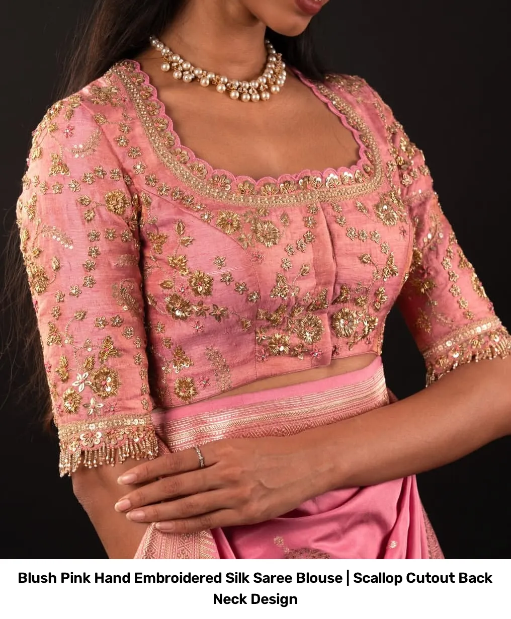 Blush Pink Hand Embroidered Silk Saree Blouse | Scallop Cutout Back Neck Design 2