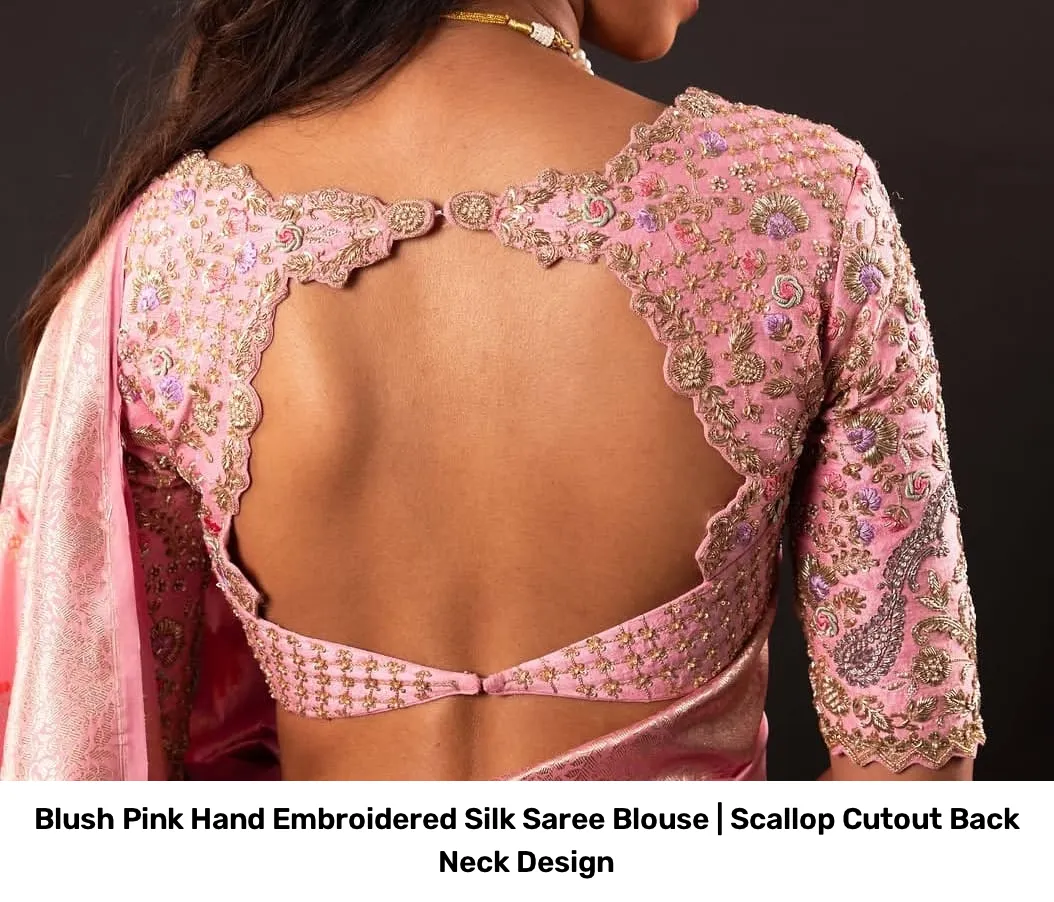 Blush Pink Hand Embroidered Silk Saree Blouse | Scallop Cutout Back Neck Design 3