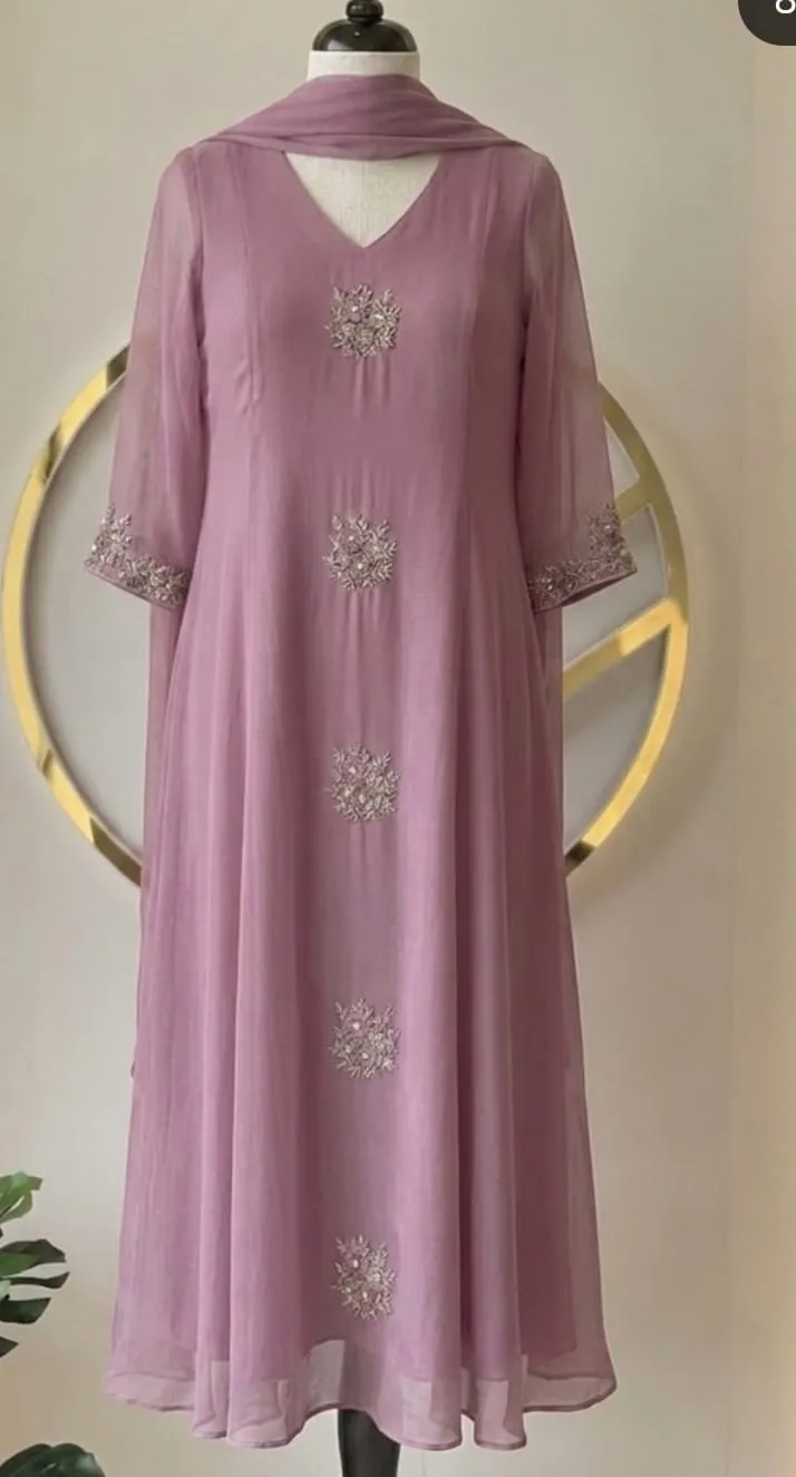 Blush Pink Pleated Georgette Anarkali Suit with Zardozi Embroidered Yoke & Sleeves – Wedding Guest & Festive Wear