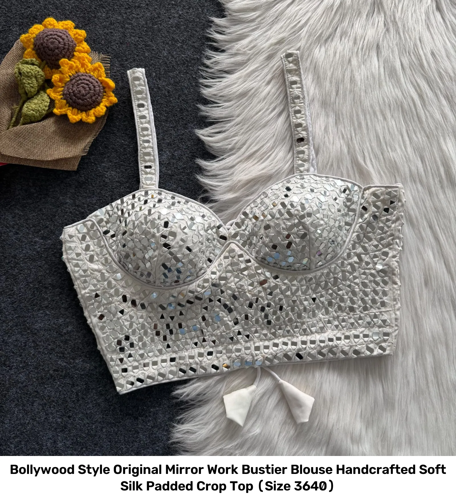 Bollywood Style Original Mirror Work Bustier Blouse – Handcrafted Soft Silk Padded Crop Top (Size 36–40) 10
