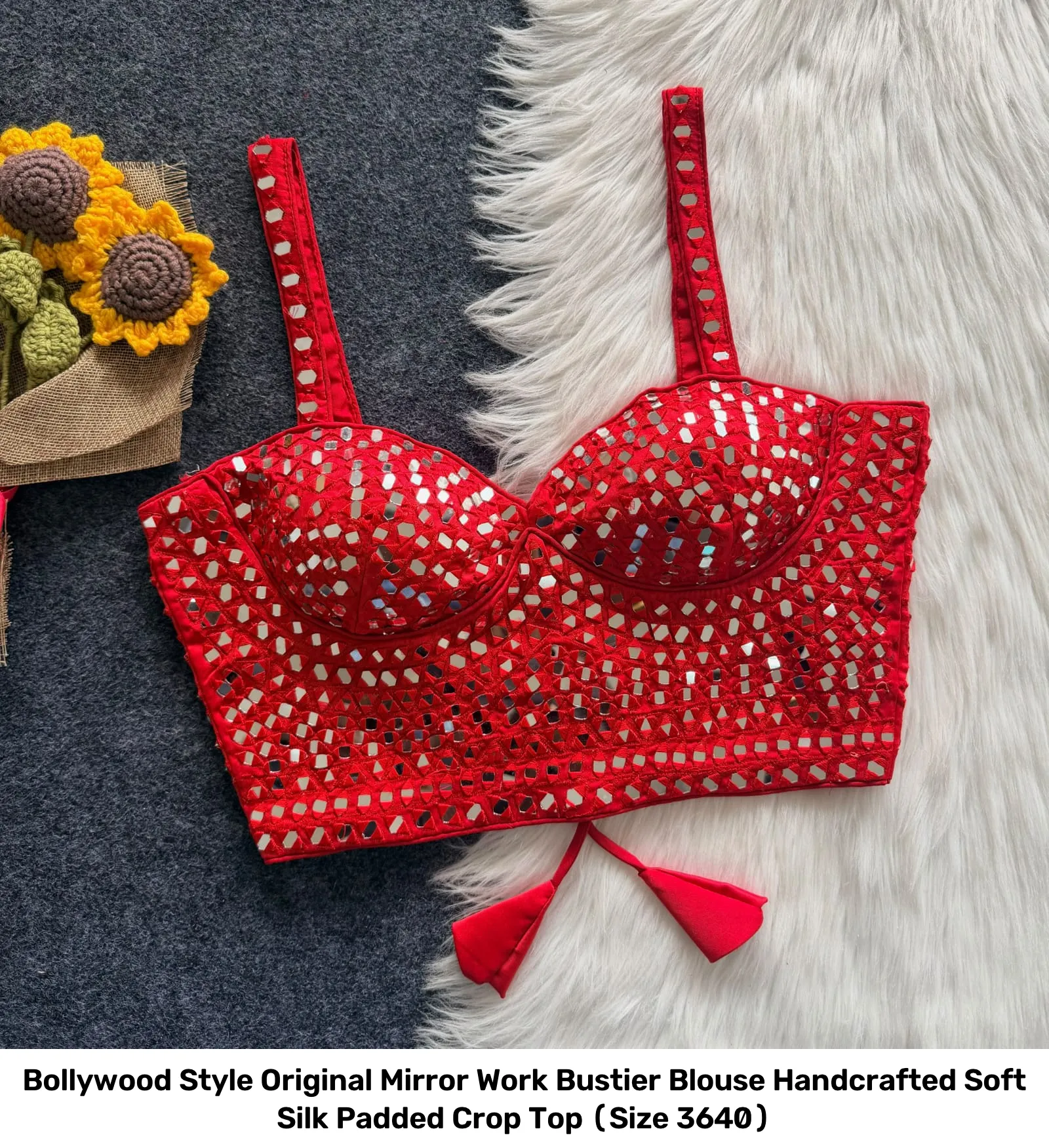 Bollywood Style Original Mirror Work Bustier Blouse – Handcrafted Soft Silk Padded Crop Top (Size 36–40) 11