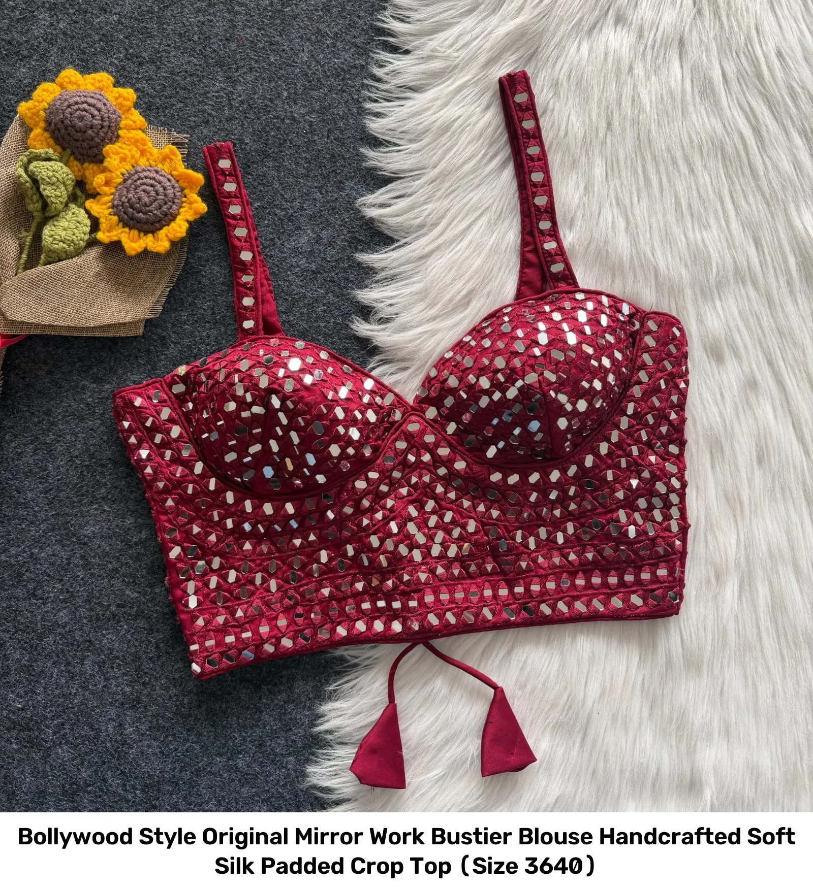 Bollywood Style Original Mirror Work Bustier Blouse – Handcrafted Soft Silk Padded Crop Top (Size 36–40) 2