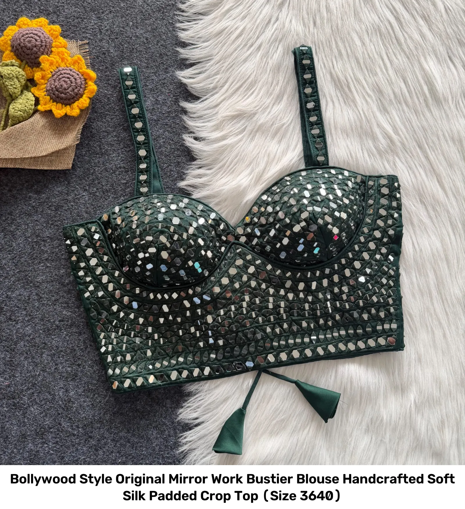 Bollywood Style Original Mirror Work Bustier Blouse – Handcrafted Soft Silk Padded Crop Top (Size 36–40) 3
