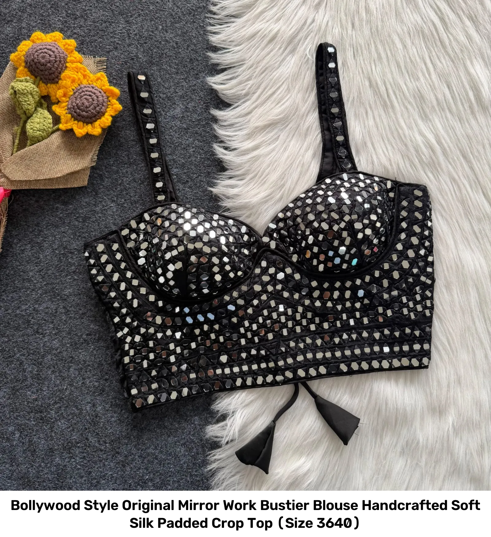 Bollywood Style Original Mirror Work Bustier Blouse – Handcrafted Soft Silk Padded Crop Top (Size 36–40) 4