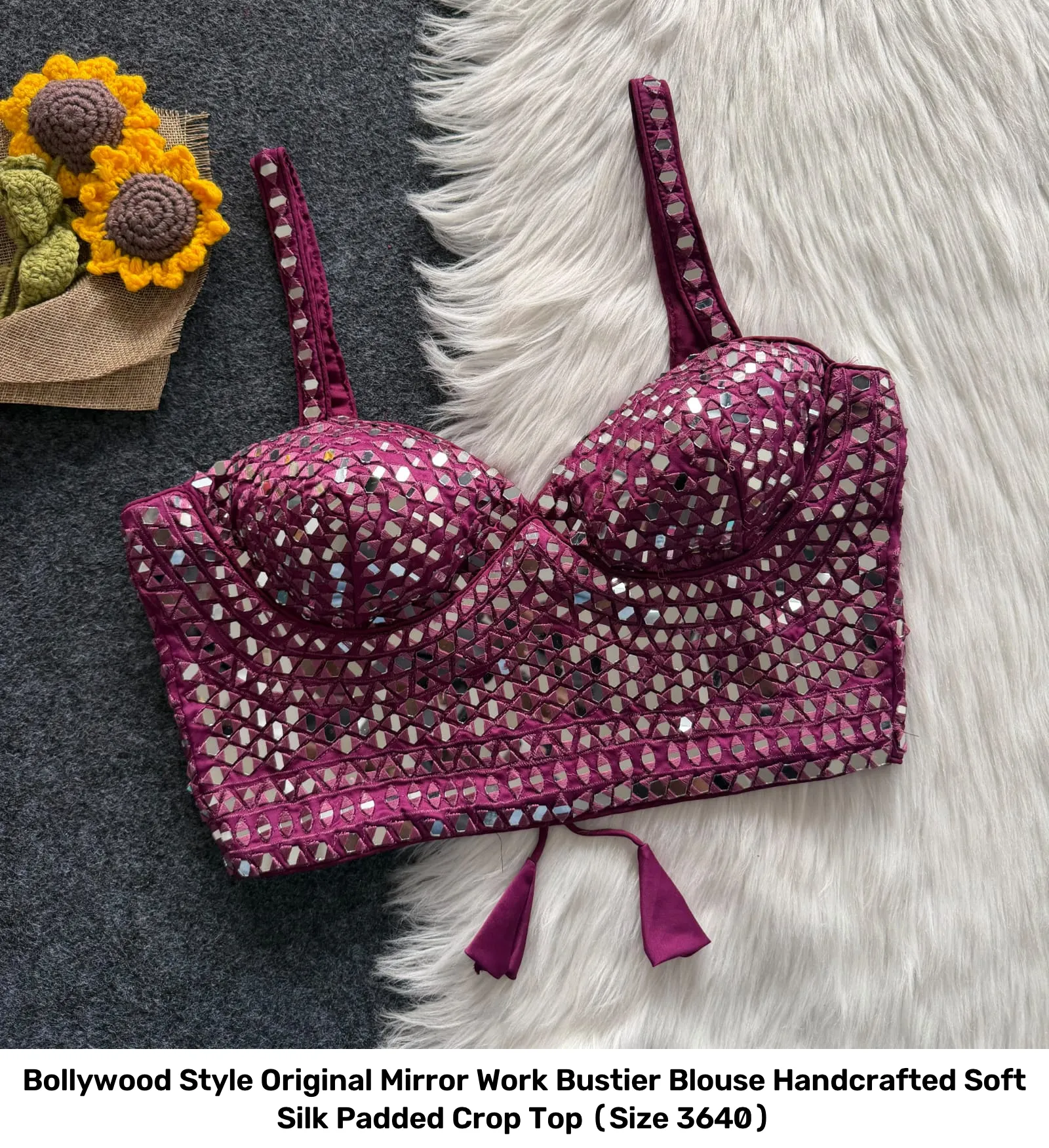 Bollywood Style Original Mirror Work Bustier Blouse – Handcrafted Soft Silk Padded Crop Top (Size 36–40) 5