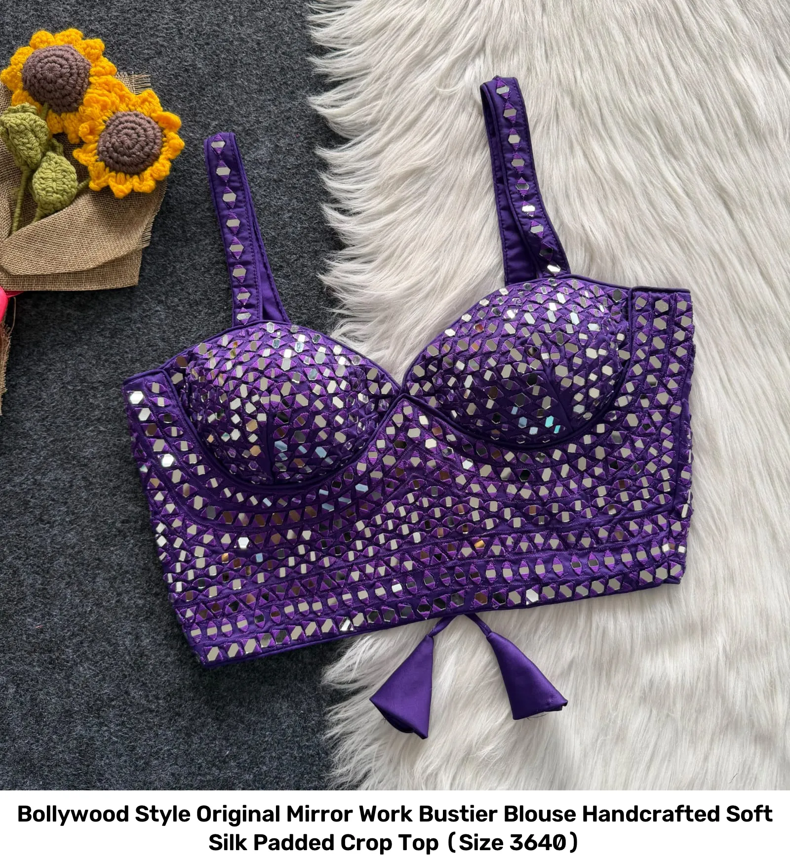 Bollywood Style Original Mirror Work Bustier Blouse – Handcrafted Soft Silk Padded Crop Top (Size 36–40) 6
