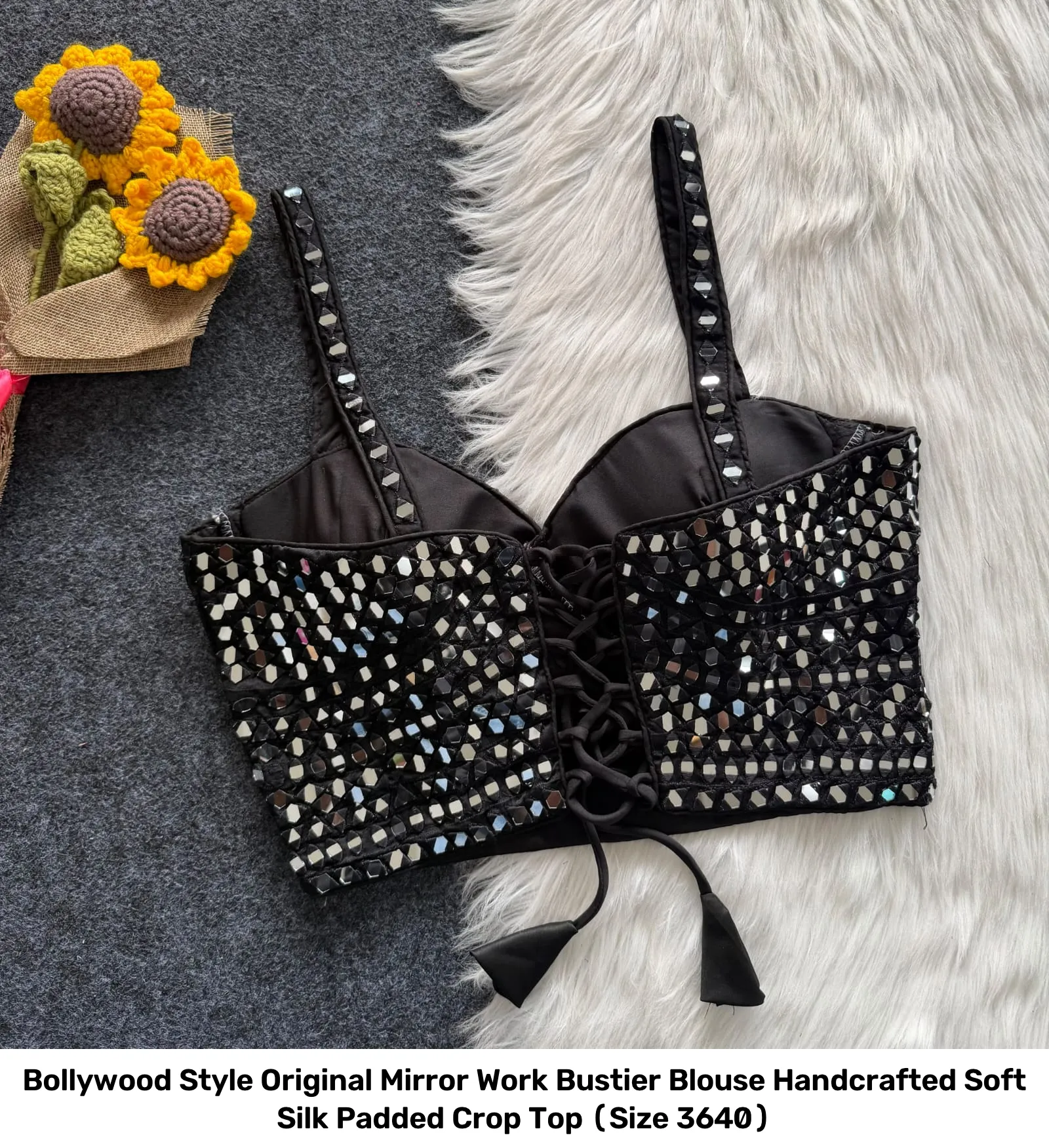 Bollywood Style Original Mirror Work Bustier Blouse – Handcrafted Soft Silk Padded Crop Top (Size 36–40) 7