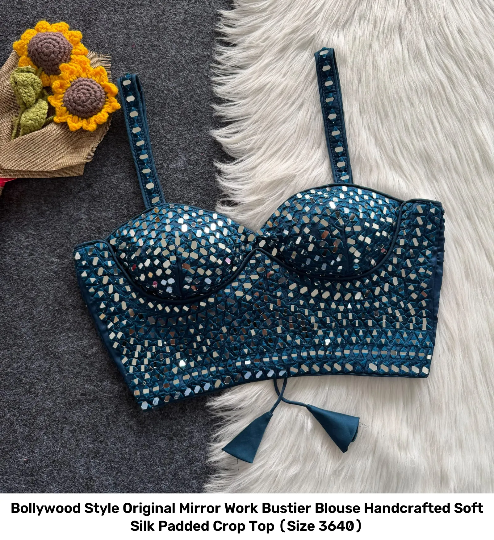 Bollywood Style Original Mirror Work Bustier Blouse – Handcrafted Soft Silk Padded Crop Top (Size 36–40) 8