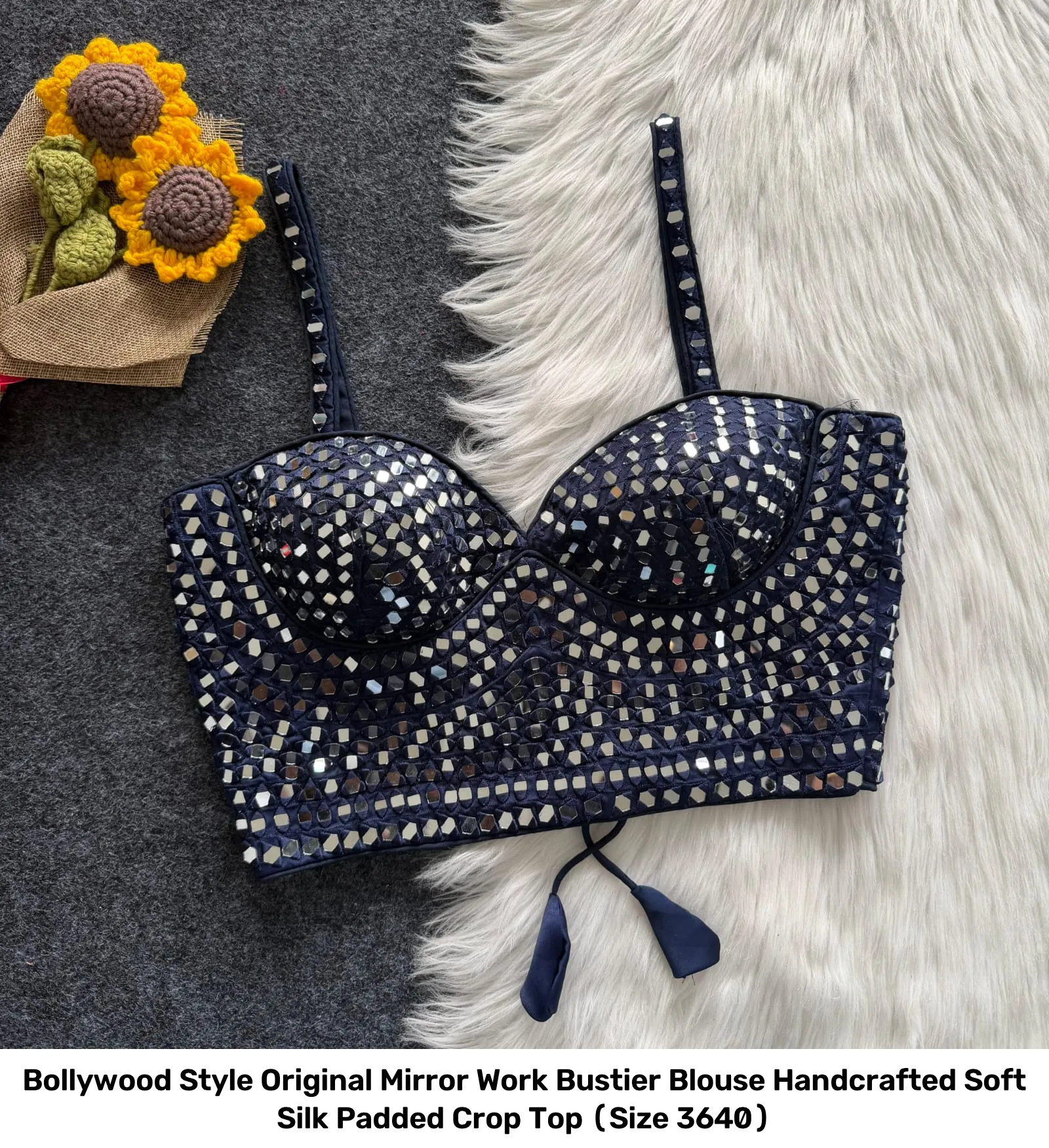 Bollywood Style Original Mirror Work Bustier Blouse – Handcrafted Soft Silk Padded Crop Top (Size 36–40) 9