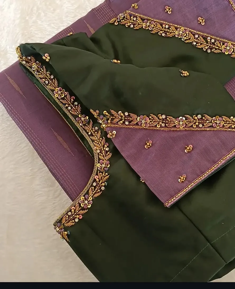Bottle Green & Mauve Dual-Tone Bridal Blouse – Sequin & Beadwork Triangle Sleeve Cut Designer Blouse