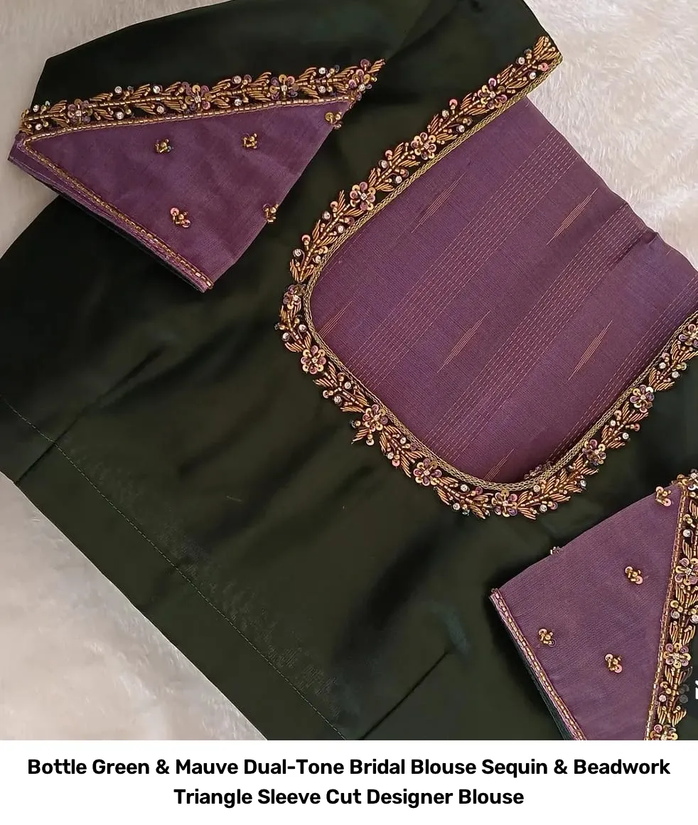 Bottle Green & Mauve Dual-Tone Bridal Blouse – Sequin & Beadwork Triangle Sleeve Cut Designer Blouse 2