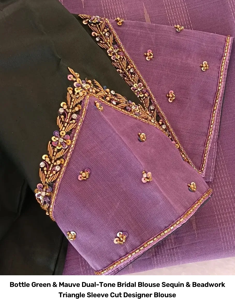 Bottle Green & Mauve Dual-Tone Bridal Blouse – Sequin & Beadwork Triangle Sleeve Cut Designer Blouse 3