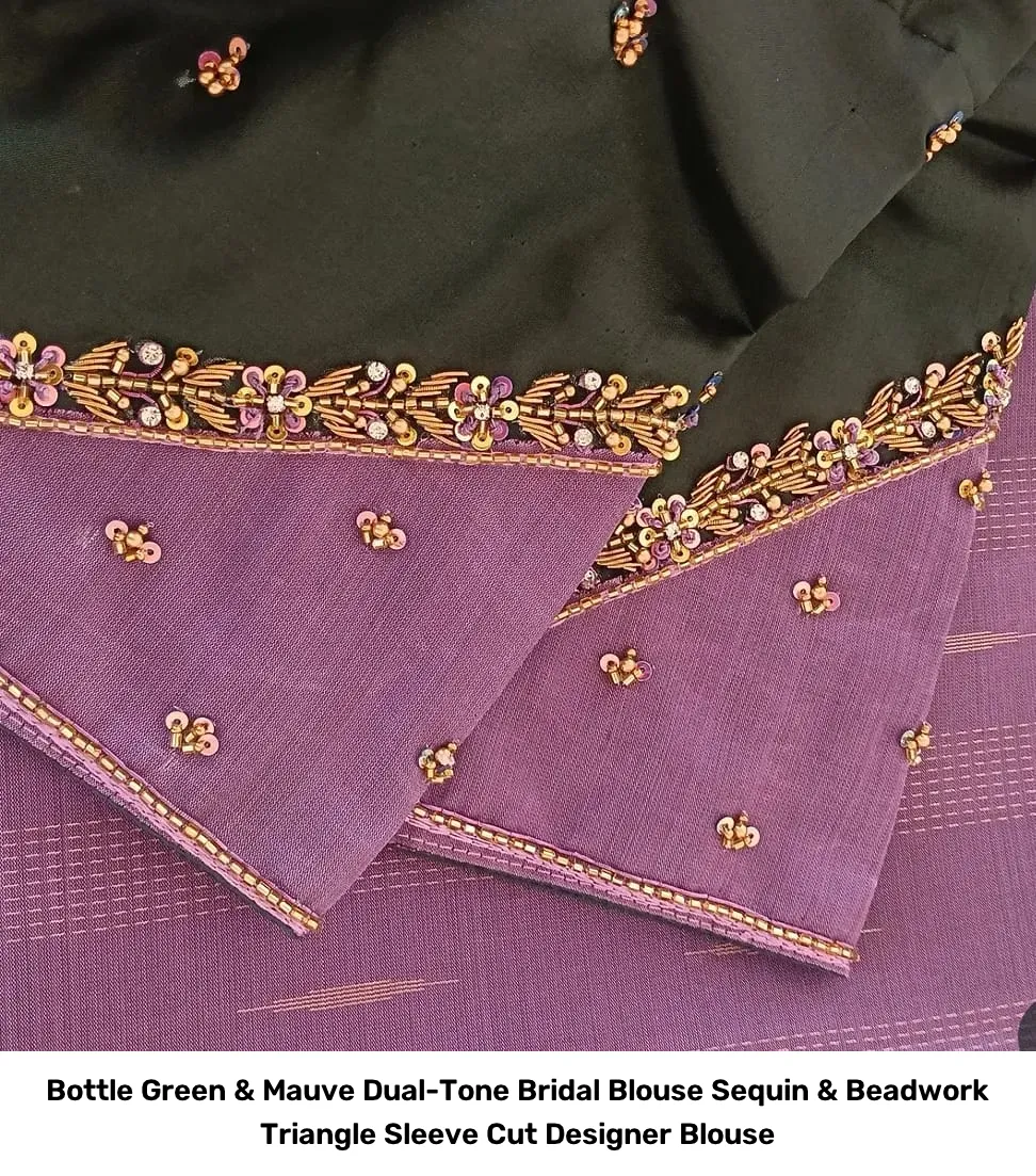Bottle Green & Mauve Dual-Tone Bridal Blouse – Sequin & Beadwork Triangle Sleeve Cut Designer Blouse 4