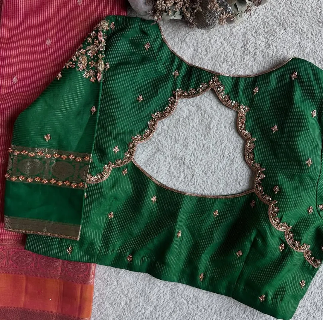 Bottle Green Raw Silk Blouse with Scalloped Keyhole Back & Antique Zardozi Work
