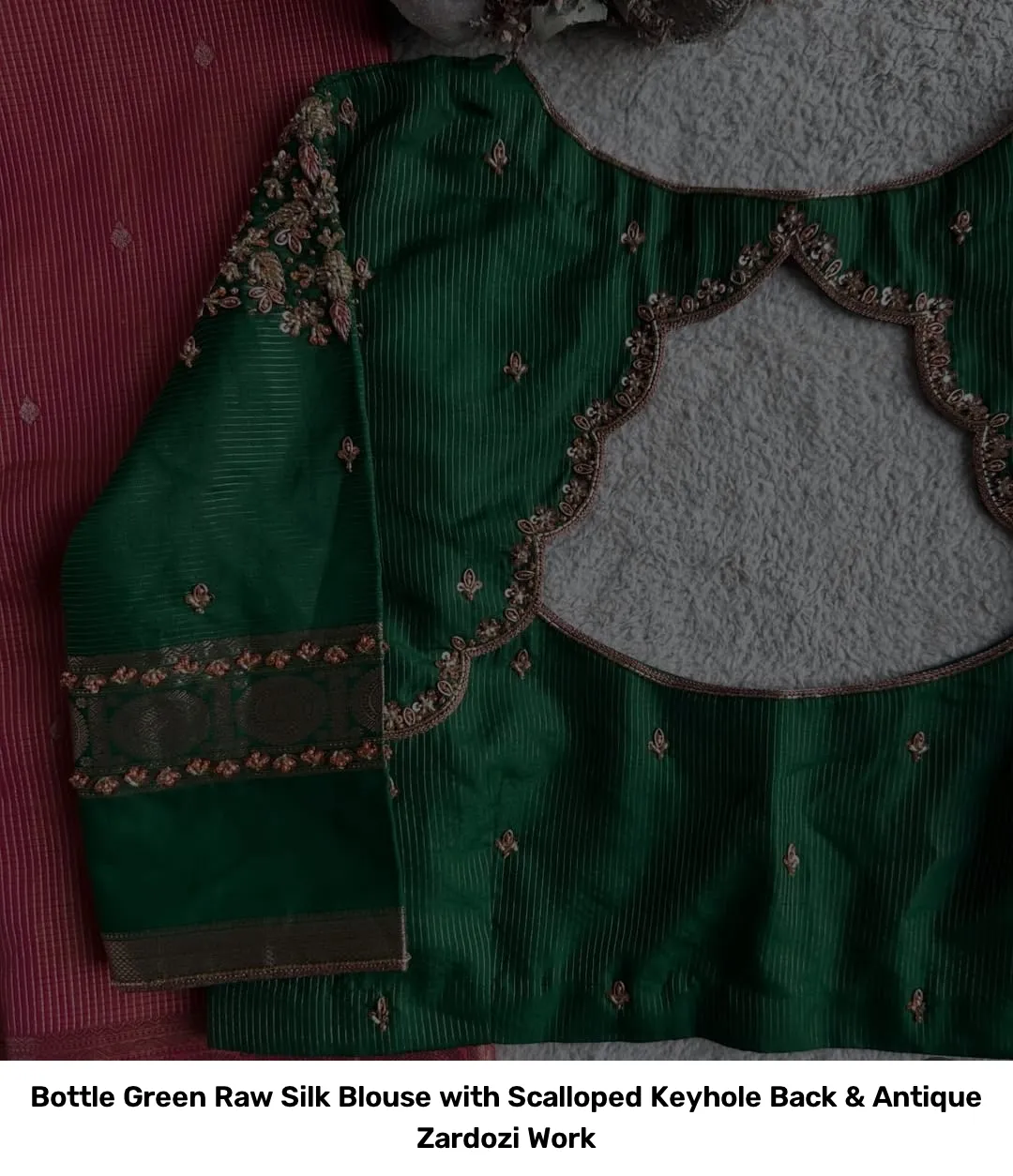 Bottle Green Raw Silk Blouse with Scalloped Keyhole Back & Antique Zardozi Work 3