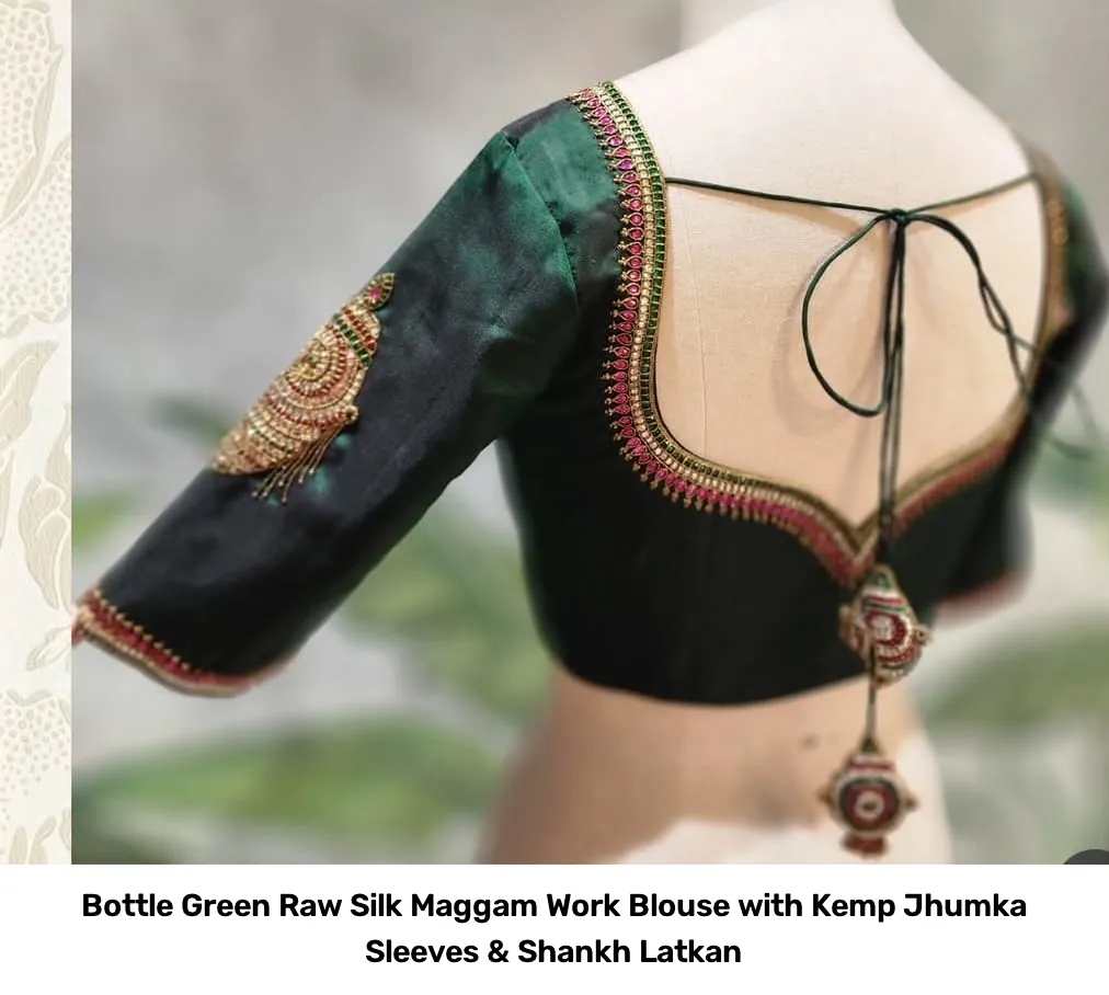 Bottle Green Raw Silk Maggam Work Blouse with Kemp Jhumka Sleeves & Shankh Latkan 2