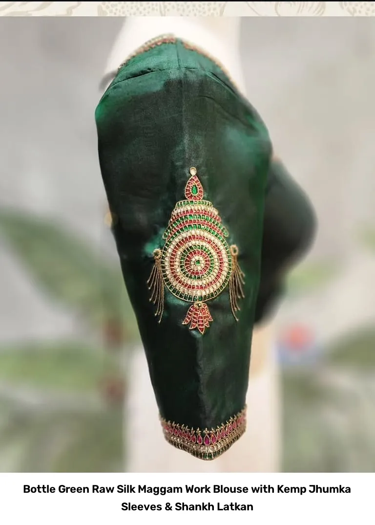 Bottle Green Raw Silk Maggam Work Blouse with Kemp Jhumka Sleeves & Shankh Latkan 3