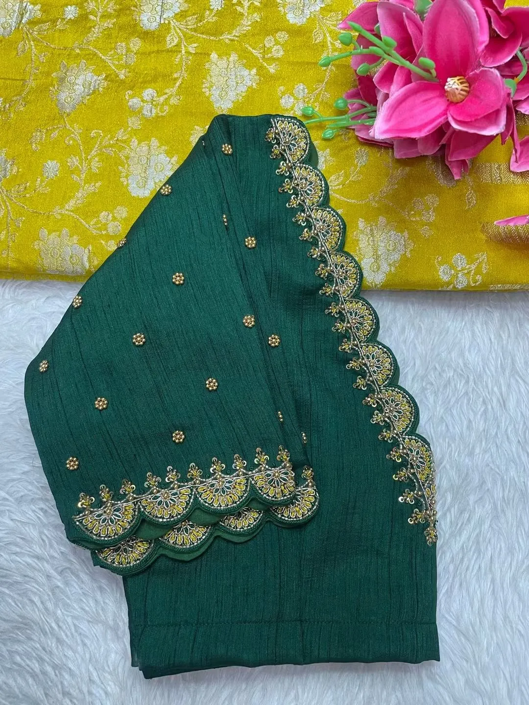 Bottle Green Silk Blouse with Scallop V-Neck & Embroidered Border Sleeves
