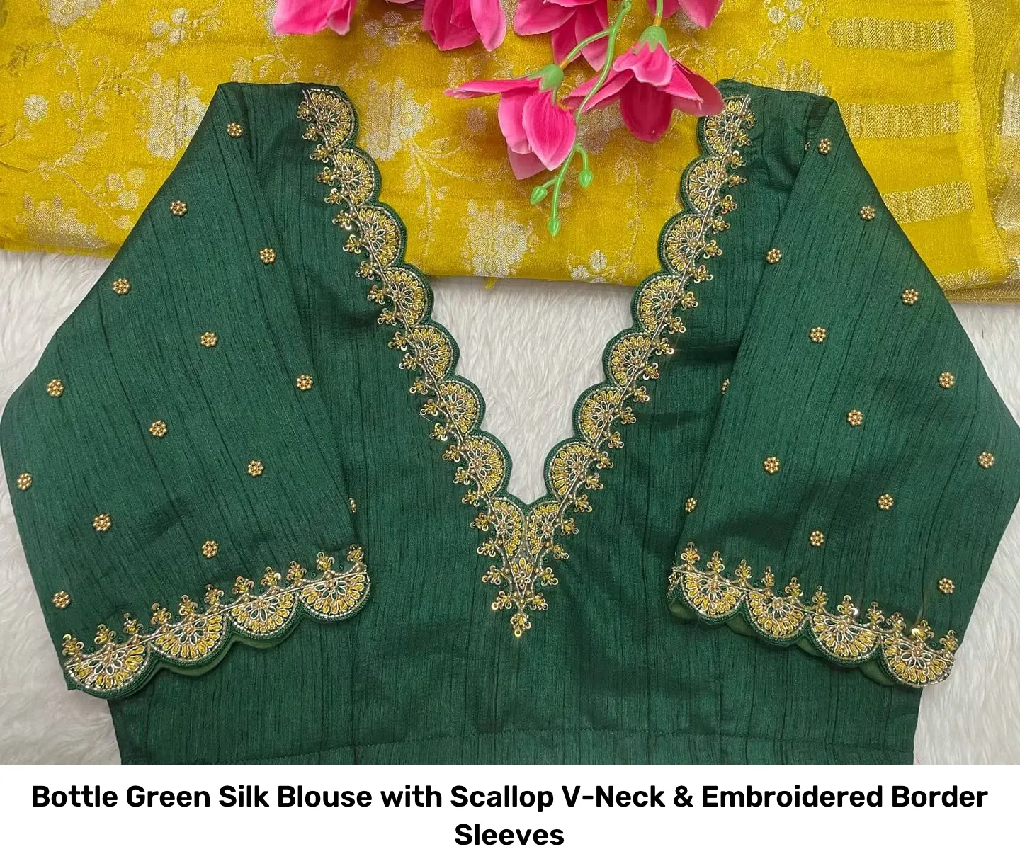 Bottle Green Silk Blouse with Scallop V-Neck & Embroidered Border Sleeves 2