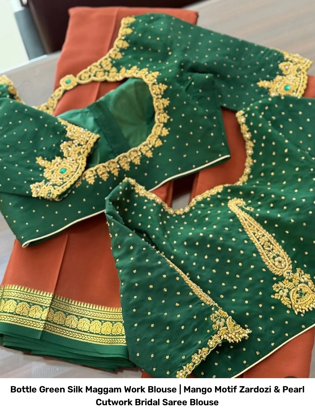 Bottle Green Silk Maggam Work Blouse | Mango Motif Zardozi & Pearl Cutwork Bridal Saree Blouse 2