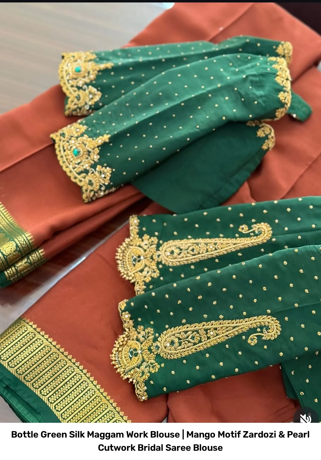 Bottle Green Silk Maggam Work Blouse | Mango Motif Zardozi & Pearl Cutwork Bridal Saree Blouse 3