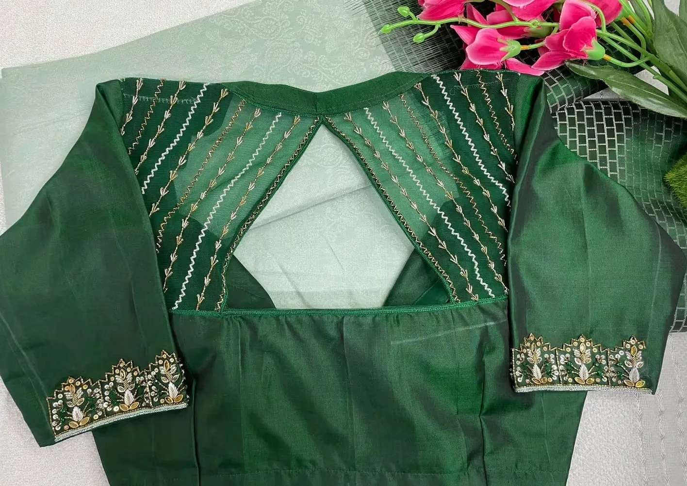 Bottle Green Silk Saree Blouse with Geometric Cutout Back – Handcrafted Zari Line Embroidery & Floral Scalloped Sleeve Borders 1