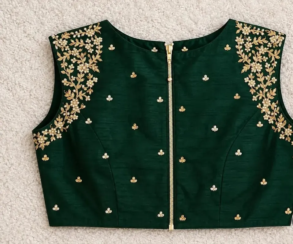 Bottle Green Sleeveless Raw Silk Blouse with Pearl Floral Shoulder Embroidery & Back Zip