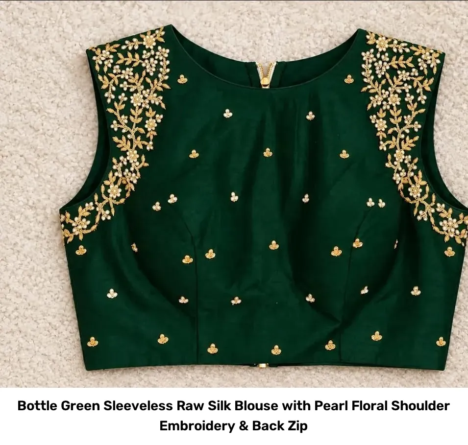Bottle Green Sleeveless Raw Silk Blouse with Pearl Floral Shoulder Embroidery & Back Zip 2