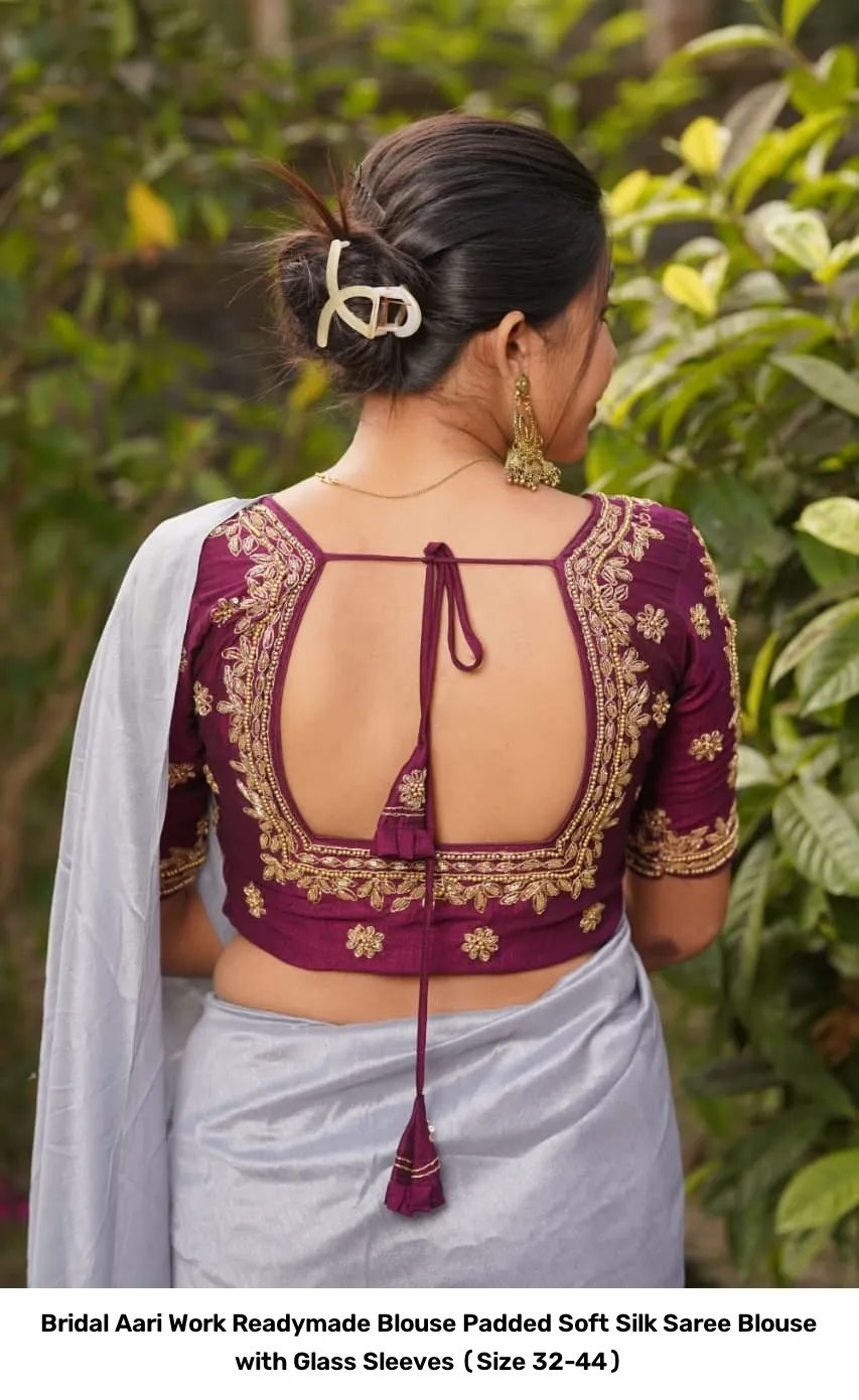 Bridal Aari Work Readymade Blouse – Padded Soft Silk Saree Blouse with Glass Sleeves (Size 32-44) 2