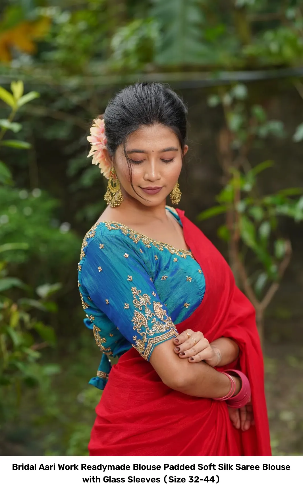 Bridal Aari Work Readymade Blouse – Padded Soft Silk Saree Blouse with Glass Sleeves (Size 32-44) 3