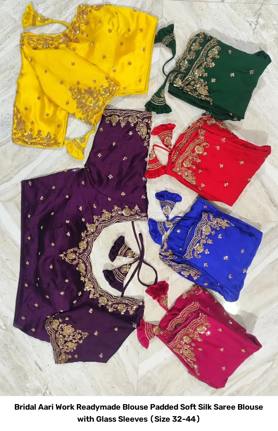 Bridal Aari Work Readymade Blouse – Padded Soft Silk Saree Blouse with Glass Sleeves (Size 32-44) 4