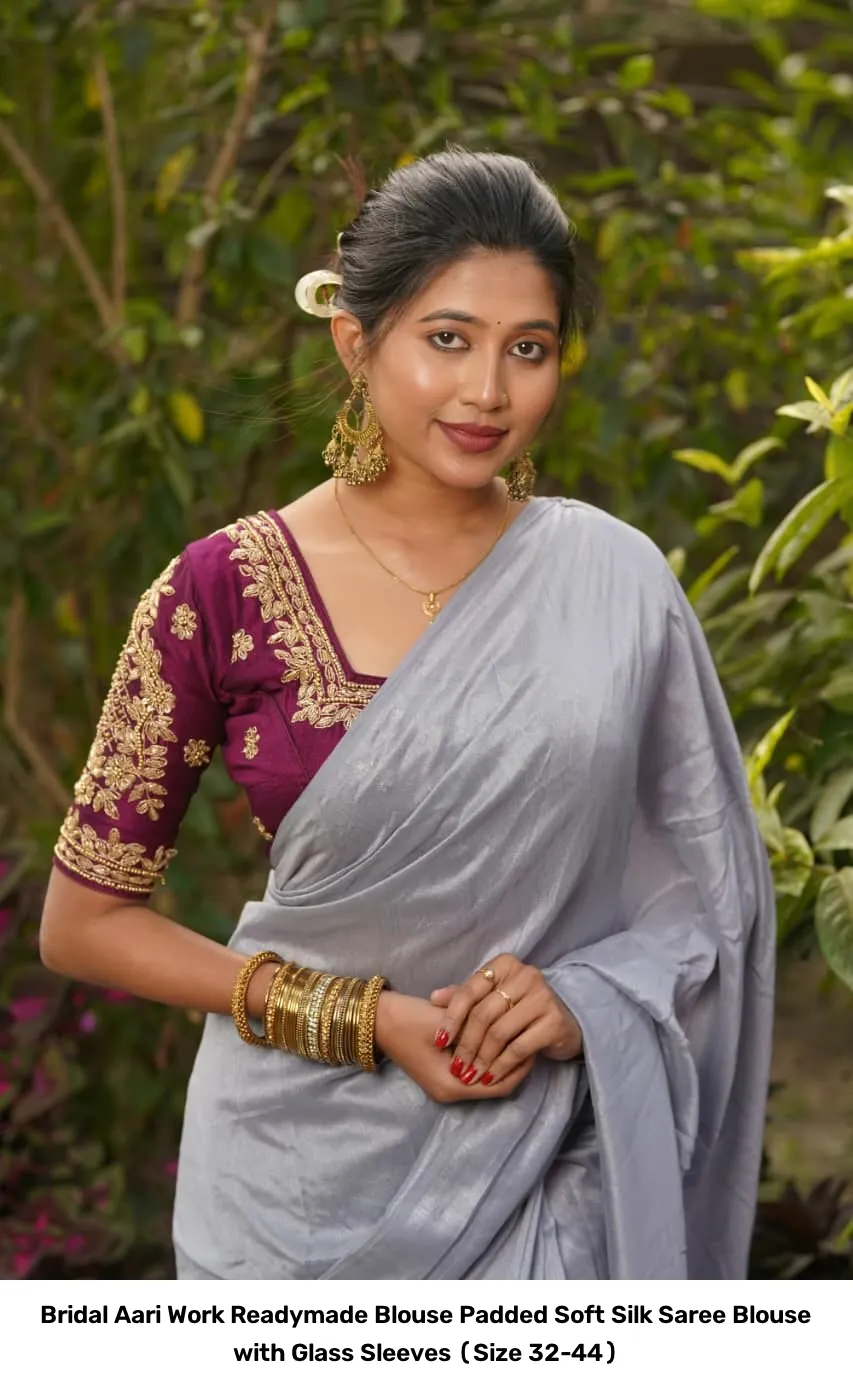 Bridal Aari Work Readymade Blouse – Padded Soft Silk Saree Blouse with Glass Sleeves (Size 32-44) 5