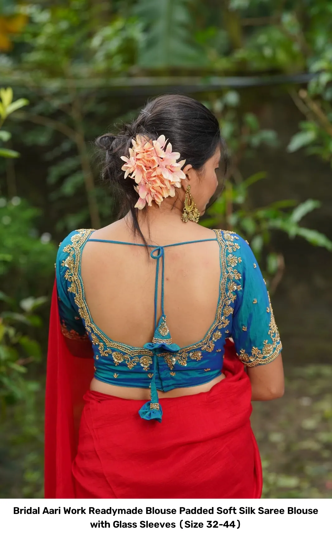 Bridal Aari Work Readymade Blouse – Padded Soft Silk Saree Blouse with Glass Sleeves (Size 32-44) 6