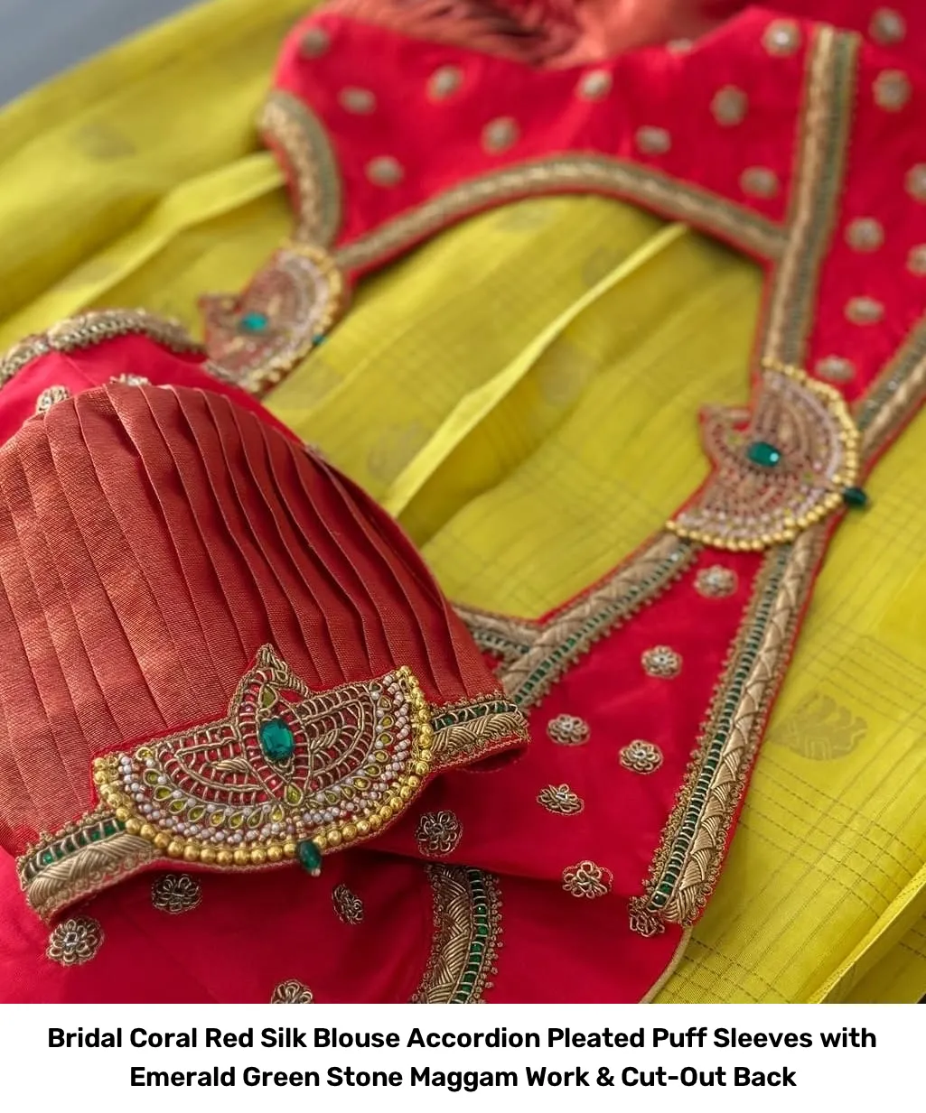 Bridal Coral Red Silk Blouse – Accordion Pleated Puff Sleeves with Emerald Green Stone Maggam Work & Cut-Out Back 2