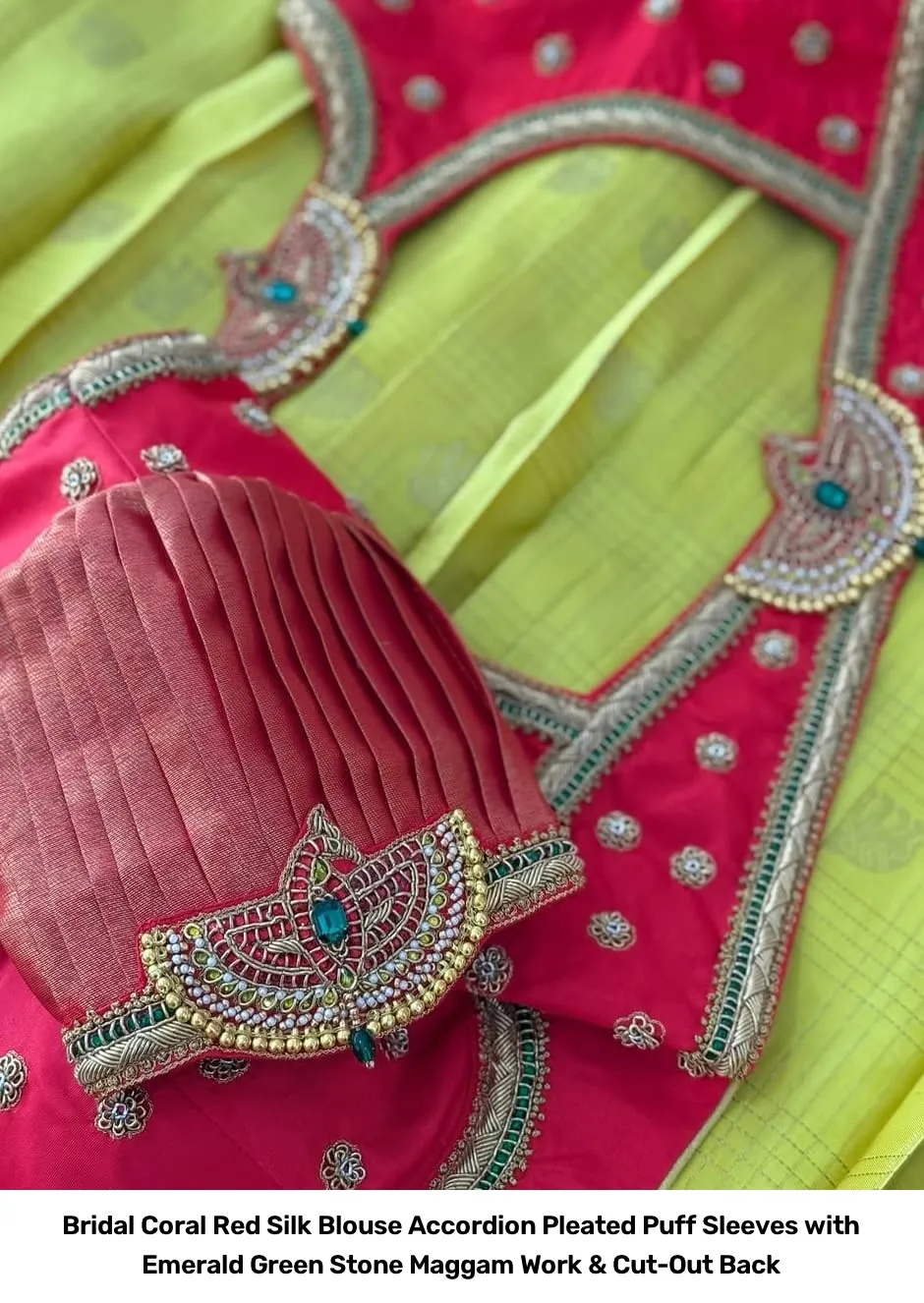 Bridal Coral Red Silk Blouse – Accordion Pleated Puff Sleeves with Emerald Green Stone Maggam Work & Cut-Out Back 3